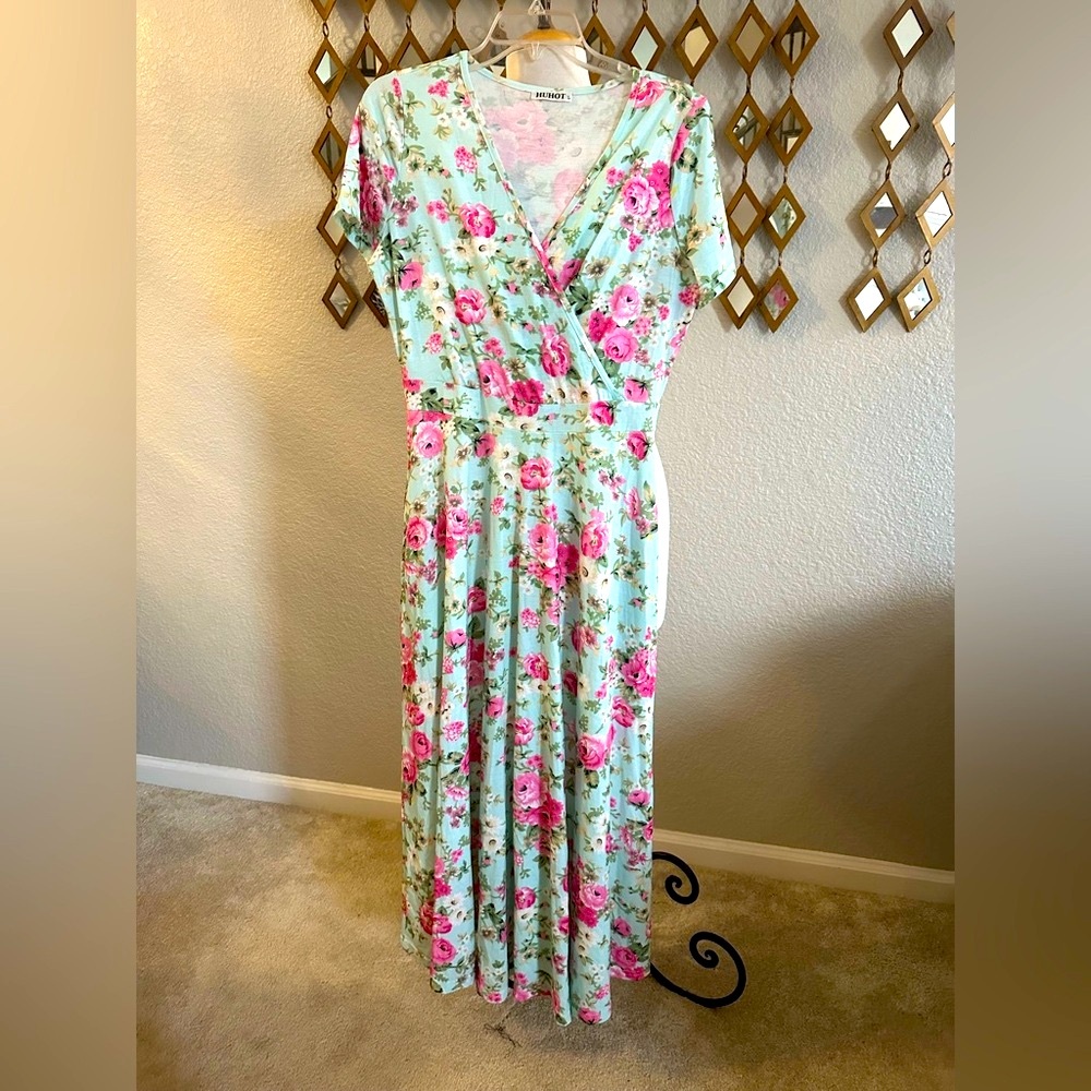 NWT Green and Pink Faux Wrap Maxi Sundress